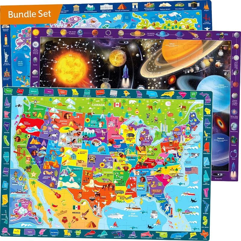 Photo 1 of 100 Piece Puzzles for Kids Ages 4-8 – 3 Pack Floor Puzzles for Kids 8-10 Year Old by QUOKKA – Learning Games World USA Map & Space 5-7 – United States Educational for Boys & Girls 3-5
