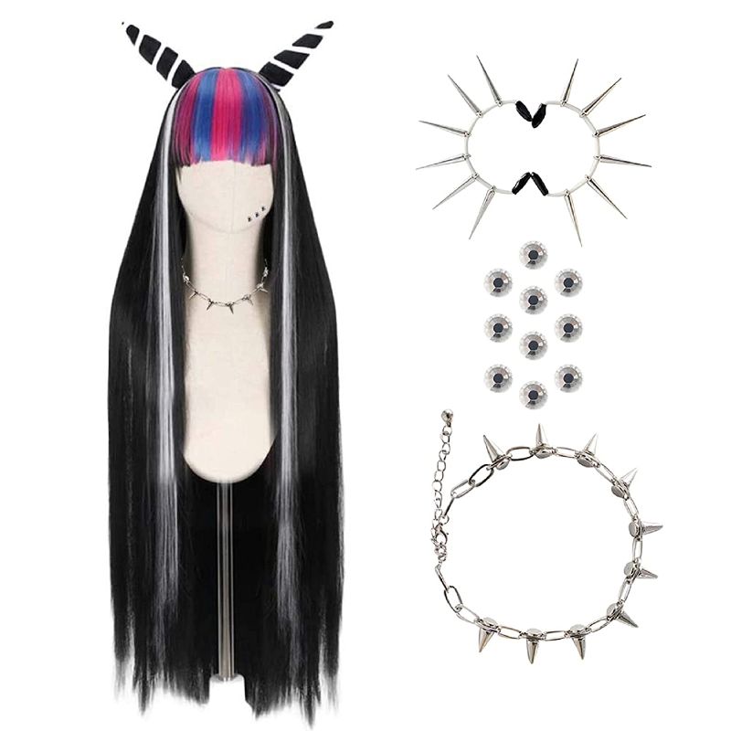 Photo 1 of ANOGOL Wig Cap + { 1 Necklace+1 Pair Earing + 9 Rhinestones } Black and White Pink Wig for Women Long Straight Cosplay Wigs with Colourful Bangs Synthetic Hair for Anime Costume Wig for Halloween Party
