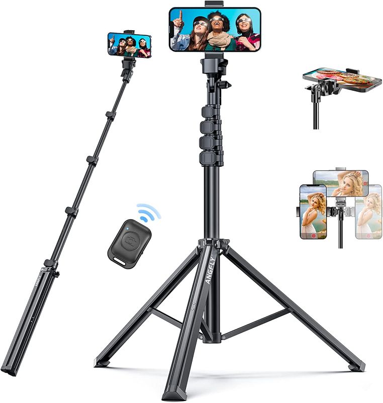 Photo 1 of ANGFLY 67" Phone Tripod & Selfie Stick, Extendable Cell iPhone Tripod Stand with Remote and Phone Holder, Tripod for iPhone Compatible with iPhone 14 Pro Max 13 12/Android/Camera ( USED ITEM ) ( BOC HAS MINOR DAMAGE ) 
