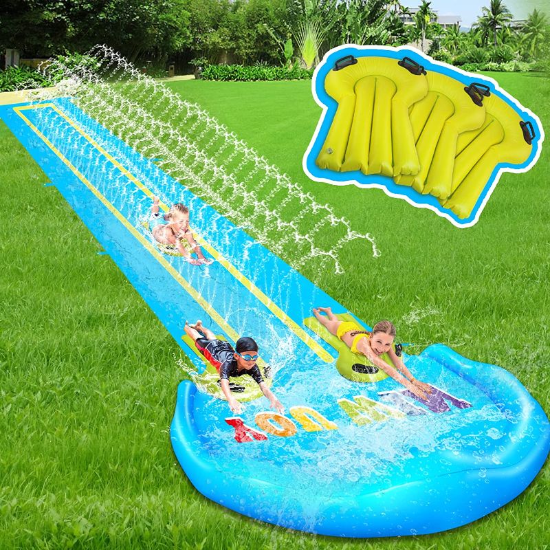 Photo 1 of Evoio Triple Lawn Water Slide, Extra Long Triple Lane Slip 32.8FT Inflatable Splash Water Slides with 3 Racing Lanes and 3 Body Boards for Kids Adults, Outdoor Summer Water Toys for Backyard Garden 9 (USED ITEM ) 
