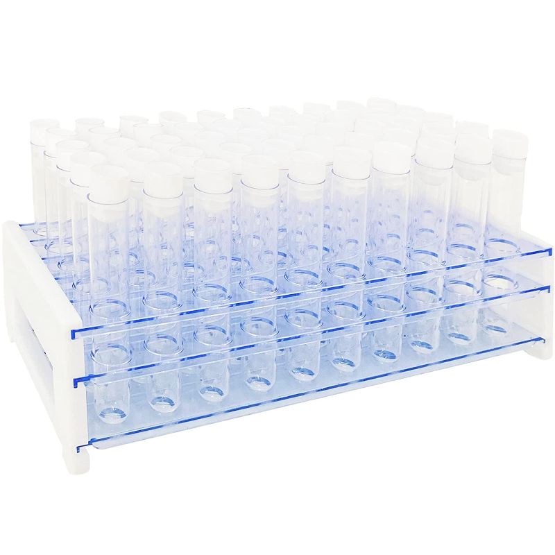 Photo 1 of 50Pcs Clear Plastic Test Tubes with Rack,16x100mm(10ml) Test Tube with Caps and 50 Holes Tubes Rack for Scientific Experiments,Party,Decorate The House,Candy Storage ( USED ITEM ) 
