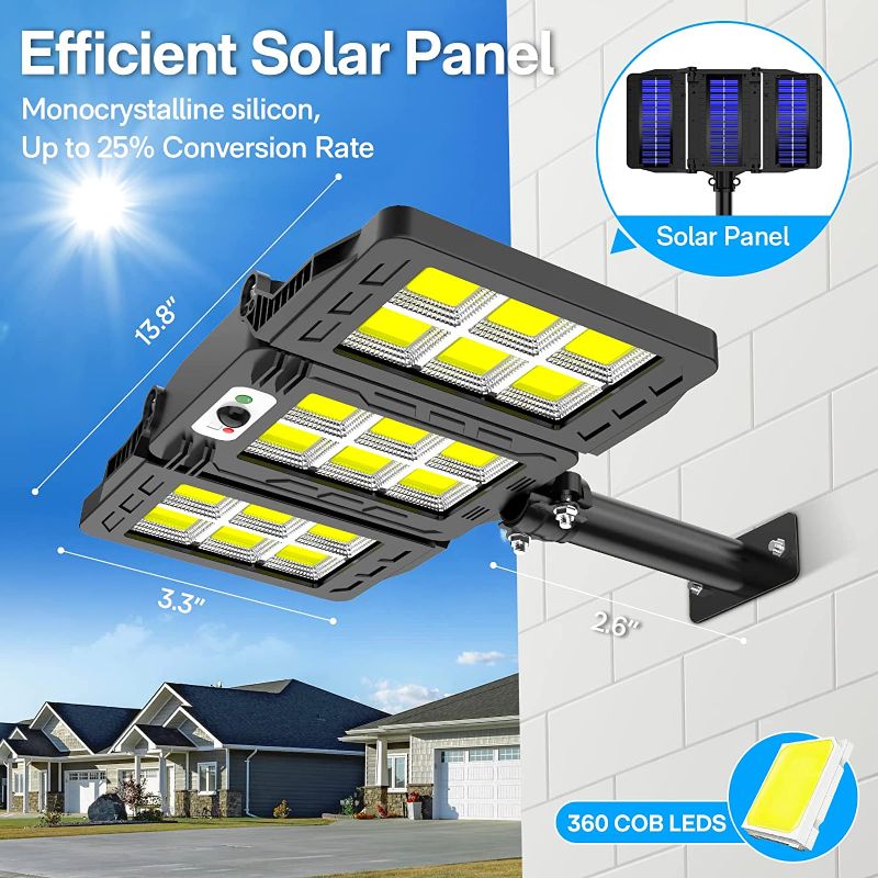 Photo 1 of Solar Lights Outdoor With Motion Sensor, deerdance 3 Heads Solar Street Light, Security Lights Outdoor IP65 Waterproof, 360pcs LEDs 1500 Lumen, 270° Wide-Angle Flood Light Solar for Garage Yard Garden ( USED ITEM ) 
