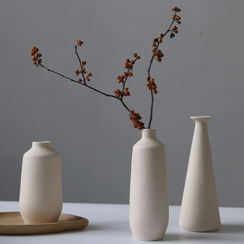 Photo 1 of Abbittar Ceramic Vase Set of 3, Flower Vases for Rustic Home Decor, Modern Farmhouse Decor, Living Room Decor, Shelf Decor, Table Decor, Bookshelf, Mantel and Entryway Decor - Beige
