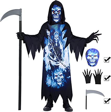 Photo 1 of Grim Reaper Costume For Kids,Phantom of the Darkness,Spooky Black Robe with Scythe,Gloves,Printed Mask. SIZE S 
