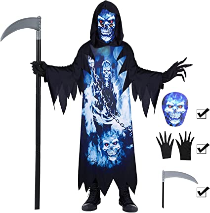 Photo 1 of Grim Reaper Costume For Kids,Phantom of the Darkness,Spooky Black Robe with Scythe,Gloves,Printed Mask. SIZE S
