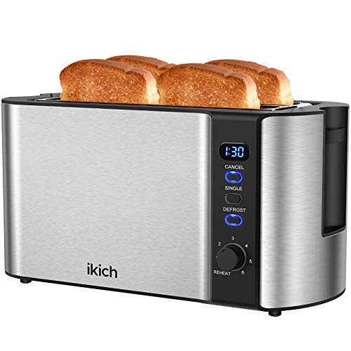 Photo 1 of IKICH 4 Slice Toaster, Clear LED Display, Long Slot Toaster with 6 Shade Selectors, Single Reheat Cancel and Defrost Buttons, Warming Rack, Stainless Steel Toaster, Slide-Out Crumb Tray, Auto-Shutoff