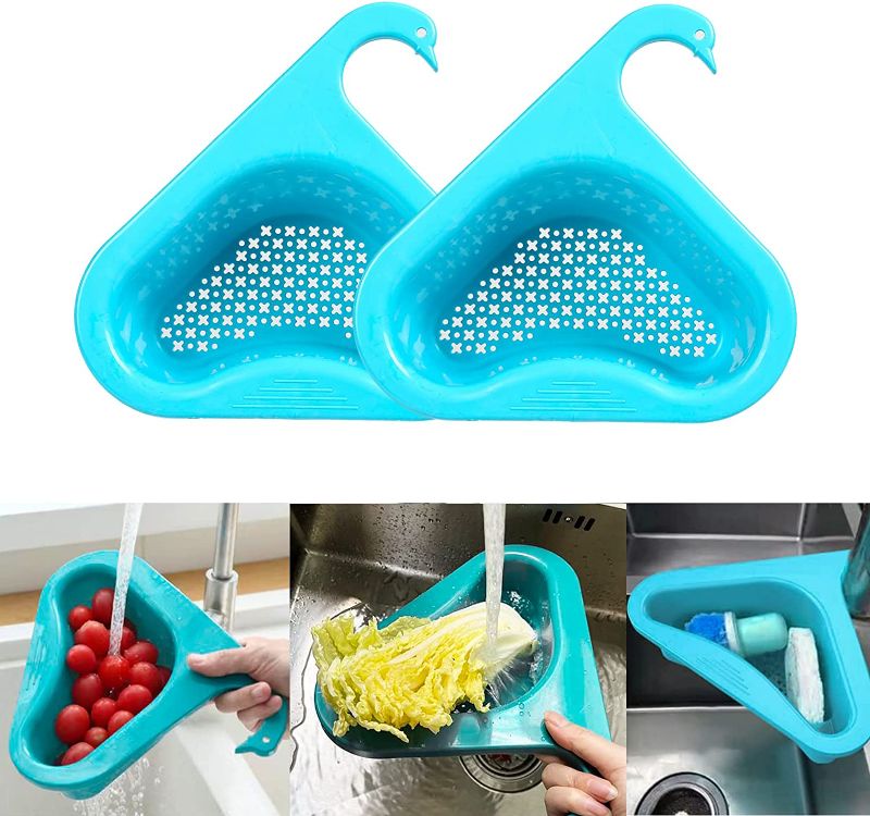 Photo 1 of 2 PACK OF; quirzx 2 PCSwan Drain Basket for Kitchen Sink, Triangle Corner Kitchen Sink Drain Basket, Leftovers Food Catcher Basket (Blue)
