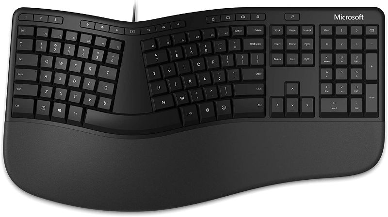 Photo 1 of Microsoft Ergonomic Keyboard - Black. Wired, Comfortable, Ergonomic Keyboard with Cushioned Wrist and Palm Support. Split Keyboard. Dedicated Office Key.
