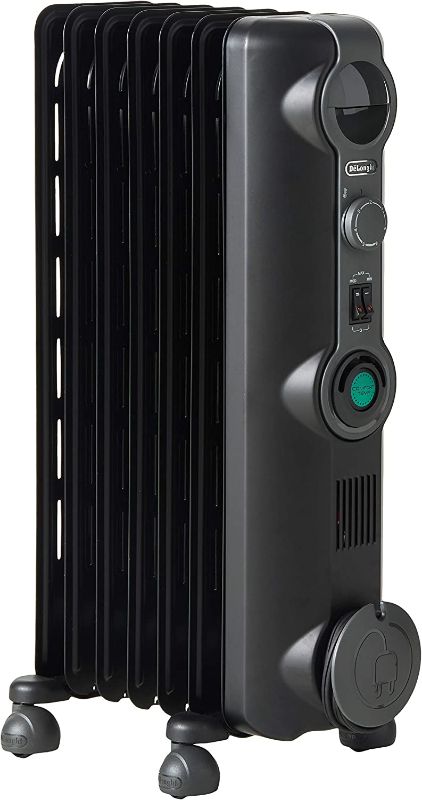 Photo 1 of DeLonghi, Quiet 1500W, Adjustable Oil-Filled Radiator Space Heater, 14" w x 6" d x 25" h, Black
