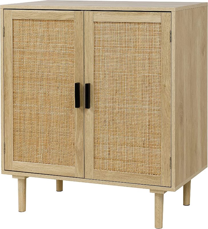 Photo 1 of Finnhomy Sideboard Buffet Cabinet, Kitchen Storage Cabinet with Rattan Decorated Doors, Liquor Cabinet, Dining Room, Hallway, Cupboard Console Table, Accent Cabinet, 31.5X 15.8X 34.6 Inches, Natural
