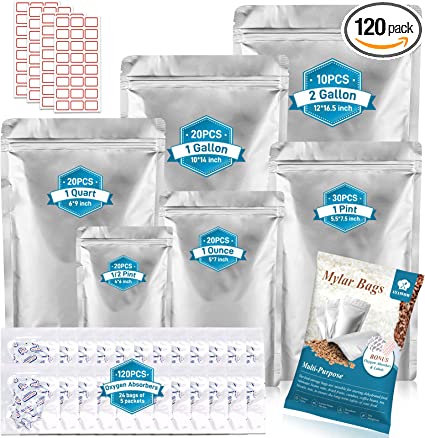 Photo 1 of 120 pcs 8.7 mils Mylar Bags for Food Storage with Oxygen Absorbers Individually Wrapped 400cc , 6 Size Mylar Bags With Gusset Bottom and Zip Close for Long Term Food Storage
