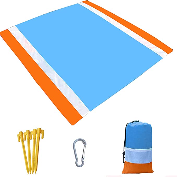 Photo 1 of Beach Blanket Sand Proof, Quick Drying Compact Beach Mat, Extra Large Oversized 79" X 82" for 4-7 Adults, with 4 Stakes for Beach, Camping, and Picnic for Travel Camping and Outdoors Recreation
