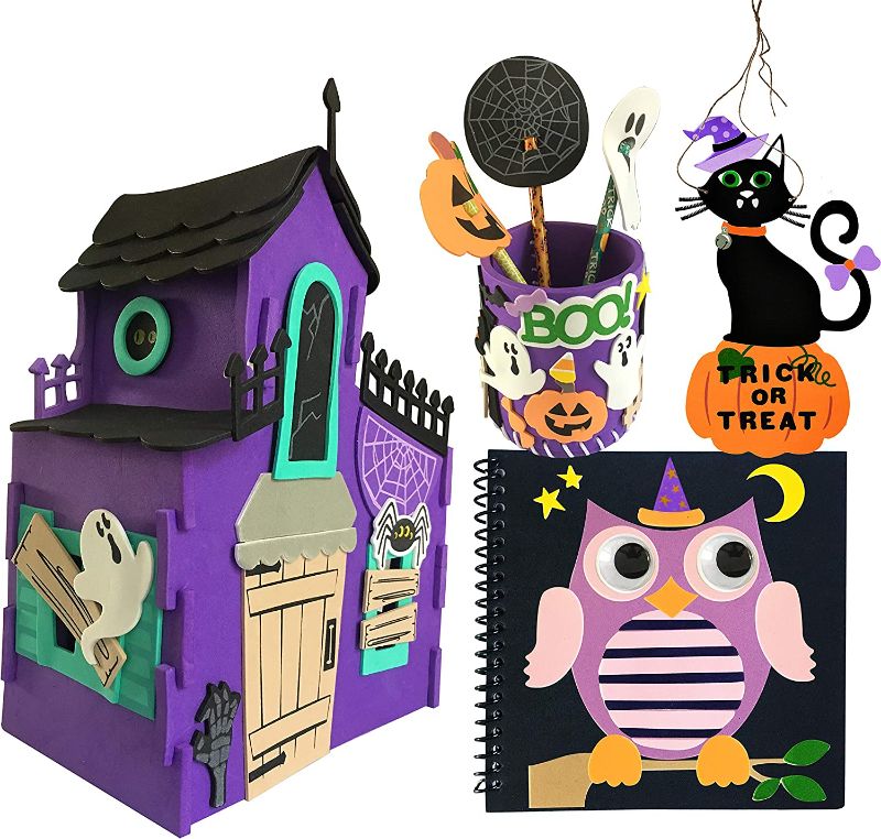 Photo 1 of Halloween Art and Craft Kit DIY with 3D Haunted House, Trick or Treat Door Sign Hanger, Pencil Holder, Pen Topper and Notebook Kids Boys & Girls Activities Project Set
