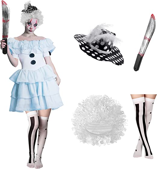 Photo 1 of 4 Pieces Halloween Women's Killer Clown Costume Accessories Included Clown Wig Hat Headband Thigh High Stockings Plastic Fake Bloody Knife for Girl Costume Supply - SIZE : (UNKNOWN)
