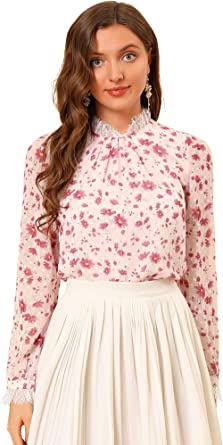 Photo 1 of Allegra K Women's Lace Ruffled Neck Pleat Swiss Dots Floral Chiffon Blouse Top***SIZE S
