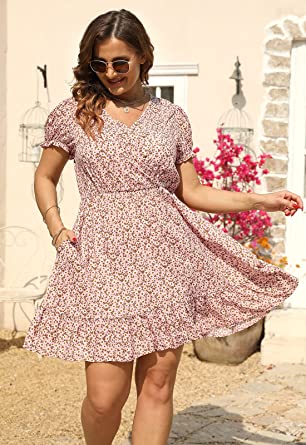 Photo 1 of Celkuser Womens Plus Size Short Sleeve V Neck Casual Printed Floral Swing Mini Dress with Pockets****SIZE 24 PLUS