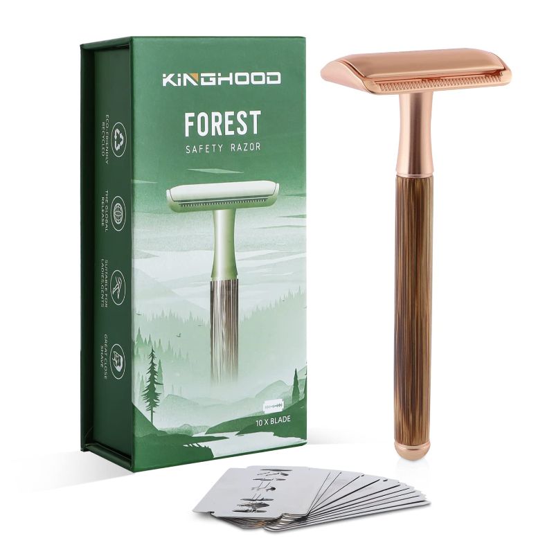 Photo 1 of  Double Edge Safety Razors for Men or Women,Razor with Bamboo Handle & 10 Stainless Steel Blades,Eco Friendly Razor for Body & Face (Gold)