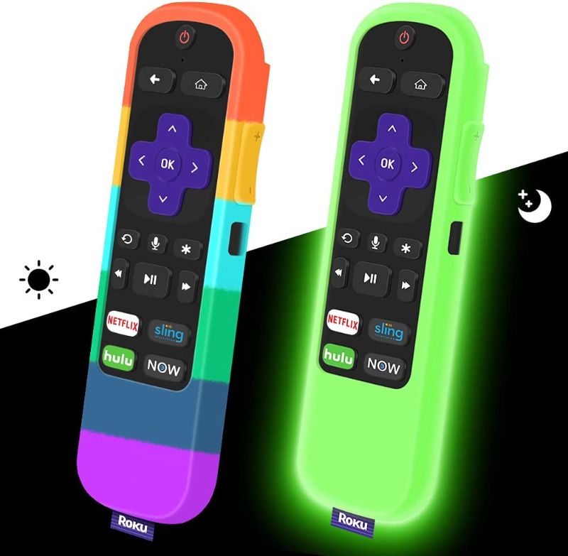 Photo 1 of 2 Pack Case for TCL Roku TV Steaming Stick 3600R Remote,Silicone Cover Roku Voice/Express/Premiere Remote Controller Skin Protective Universal Replacement Sleeve Battery Protector-Glow Green,Rainbow
