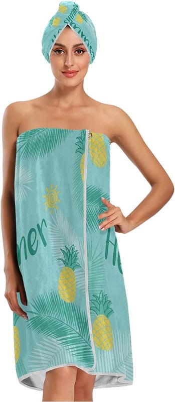 Photo 1 of  Hello Summer and Pineapples Microfiber Women Can Be Wrapped Bath Towel Shower Cap 3 Piece Set, Fast Drying Bathing Beach Spa Bathrobes, Shower Bath and Gym Towel