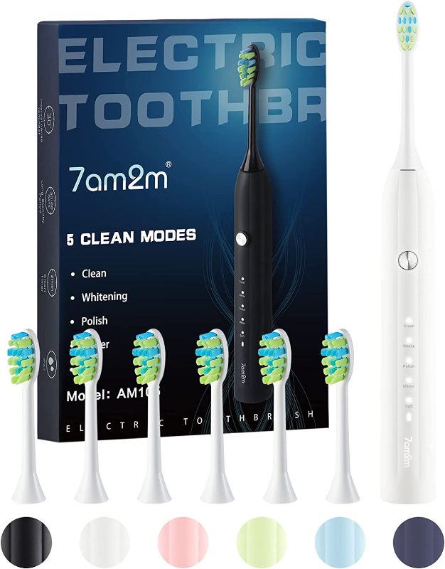 Photo 1 of 7AM2M Sonic Electric Toothbrush for Adults and Kids, with 6 Brush Heads, 5 Modes with 2 Minutes Build in Smart Timer, Roman Column Handle Design (White)
