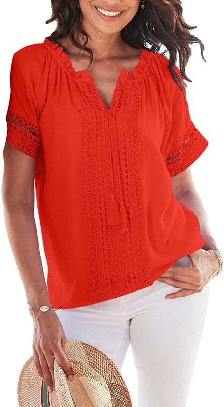 Photo 1 of Bohemia Pleated Neckline V Neck Drawstring Hollow Embroidery Short Sleeve Holiday Chiffon Blouse Tops SIZE XXL