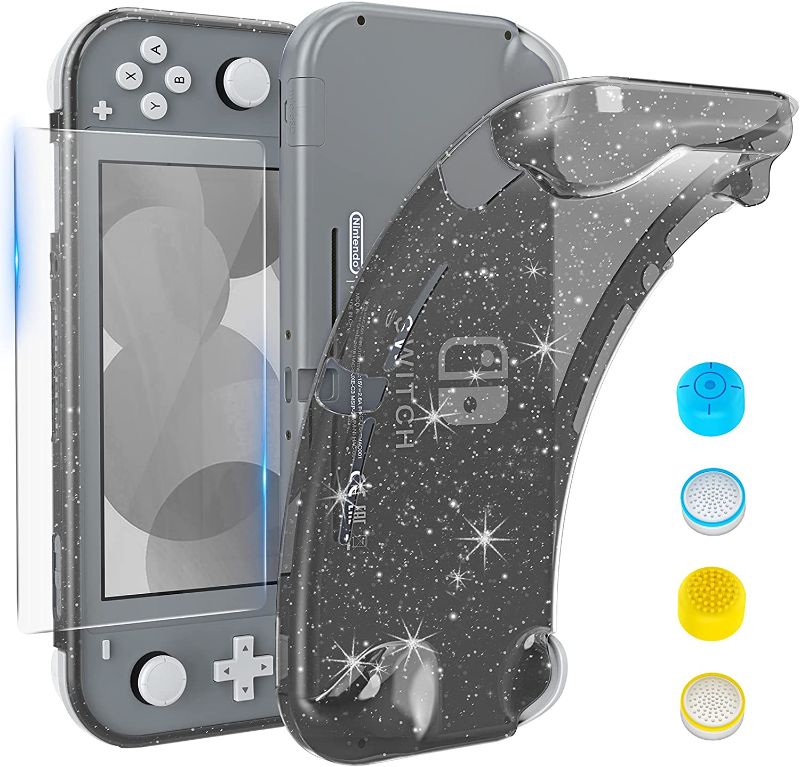 Photo 1 of Case Compatible with Nintendo Switch Lite, with Tempered Glass Screen Protector and 4 Thumb Grip, TPU Protective Cover for Switch Lite with Anti-Scratch/Anti-Dust (Black)