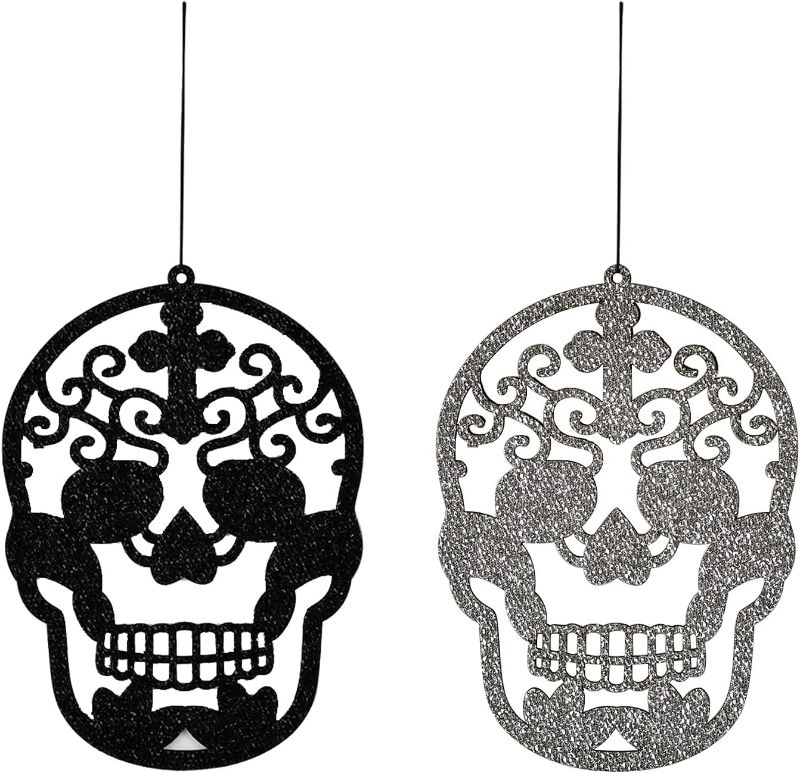 Photo 1 of 2 PACK, Krismax Halloween Indoor Decorations Day of The Dead Black and Sliver Skull Halloween Hanging Decoration| Wall Hanging Pendant(2 Pieces)
