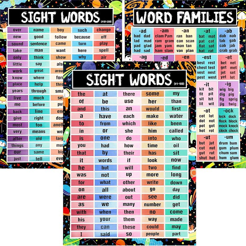 Photo 1 of 3 PACK, 3 Sheets Sight Words and Word Families Posters, 14 x 20 Inch Educational Preschool Posters Sight Words Learning Charts and Decorations for Kindergarten Home School
