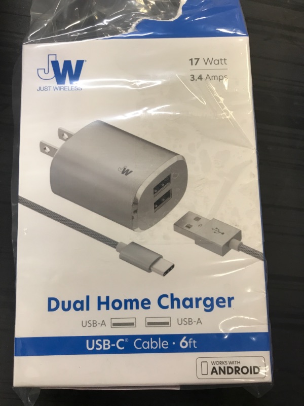 Photo 2 of Just Wireless 3.4A/17W 2-Port USB-C/USB-A Home Charger with 6ft Mesh Type-C to USB-A Cable - Gray