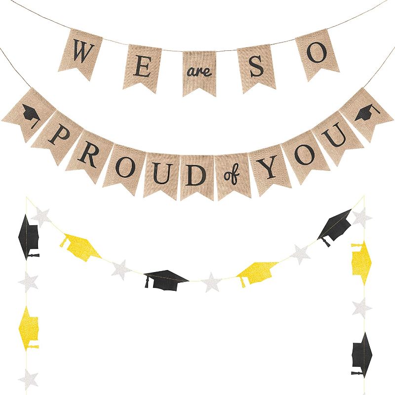 Photo 1 of 3pcs We Are So Proud of You Graduation Burlap Banner with Glitter Grad Cap star Garland for 2022 Graduation Party Supplies, 2022 Graduation Home Decor for Mantle Fireplace, Grad Party Favors