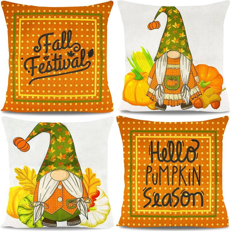 Photo 1 of 4 Pcs 18x18 Buffalo Plaid Pumpkin Gnomes Print Pillow Case for Thanksgiving Decorations Cotton Line Sofa Couch Throw Pillow Covers for Home Harvest Decor

