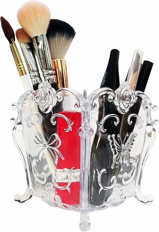 Photo 1 of Clear Makeup Brush Holder Cup, Carved Floral Plastic Vanity Decor Desk Organizer, Cosmetic Eyebrow Eyeliners Comb Brushes Pen Storage Holders (Clear A)
