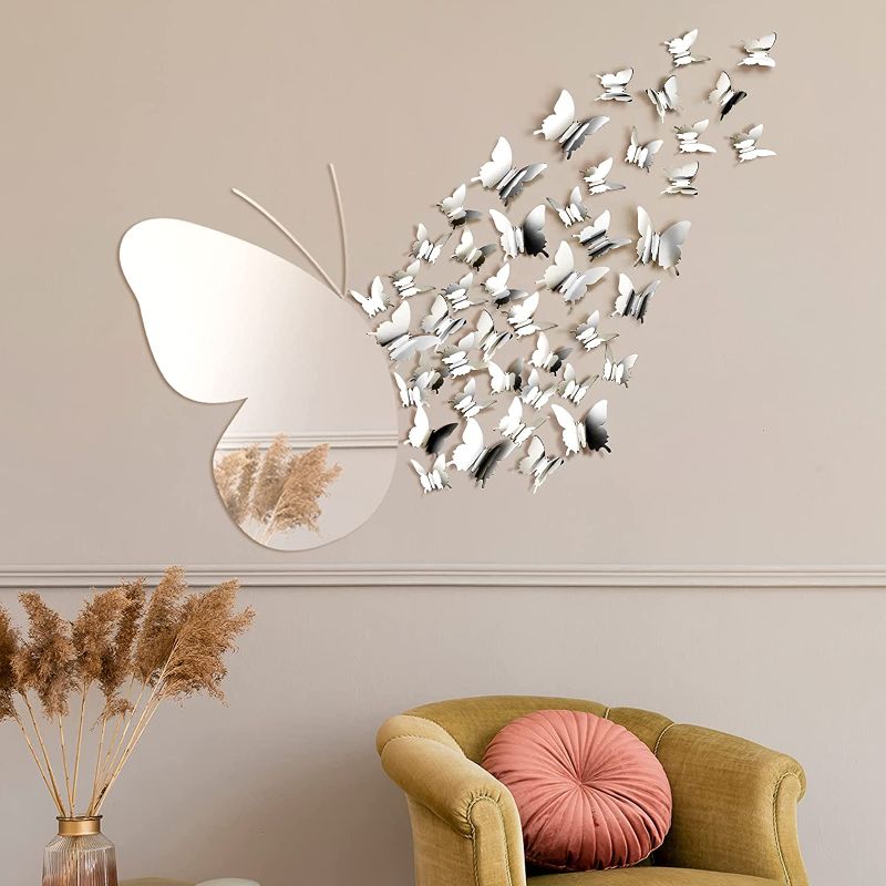 Photo 1 of 38 Pieces DIY Mirror Butterfly Combination 3D Butterfly Wall Decals Stickers 3D Acrylic Mirror Wall Decor Sticker Removable Mural Modern for Wall Home Bedroom Living Room Decorations, Silver
