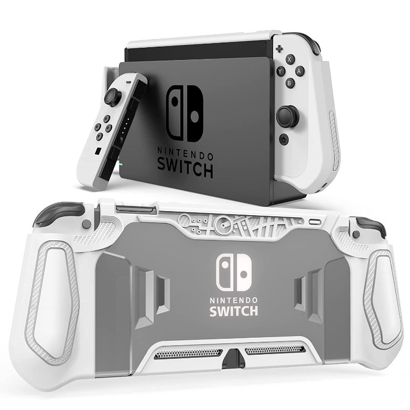 Photo 1 of LEYUSMART Dockable Protector for Nintendo Switch,(Fit for Dock/Ergonomic/Full Protection/Shock-Absorption/Anti-Scratch) Gift Glass Screen Protector & Thumb Caps, Nintendo Switch Dockable Case White
