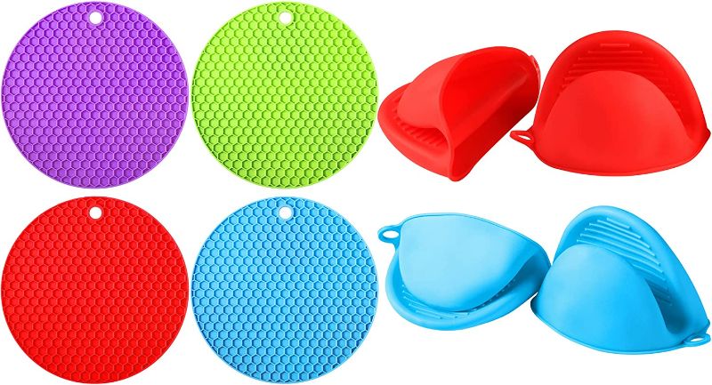 Photo 1 of 6 Pcs Silicone Trivet Mat Mini Silicone Oven Mitts Heat Resistant Set, 4 Pcs Silicone Pot Holders Trivets Hot Pad and 2 Pairs Silicone Heat Resistant Oven Mitts Cooking Pinch Mitts Potholder
