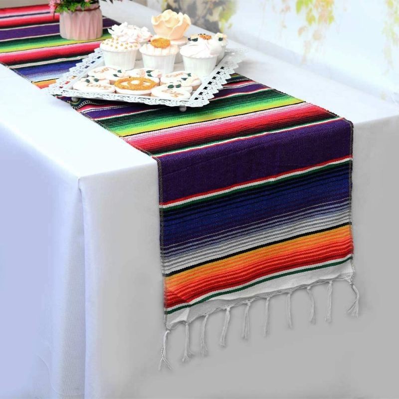 Photo 1 of 6 Packs Mexican Blanket Serape Table Runner Colorful Striped Fringe Cotton Table Runner for Mexican Birthday Party Wedding Holiday Decorations Pack of 6 - 14x84
