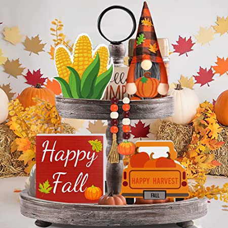 Photo 1 of 5Pcs Fall Tiered Tray Decor, Fall Harvest Wooden Signs, Pumpkin Bead Garland & Mini Plush Gnome Decor for Tiered Tray, Rustic Farmhouse Fall Thanksgiving Autumn Home Decor (Tray Not Included)
