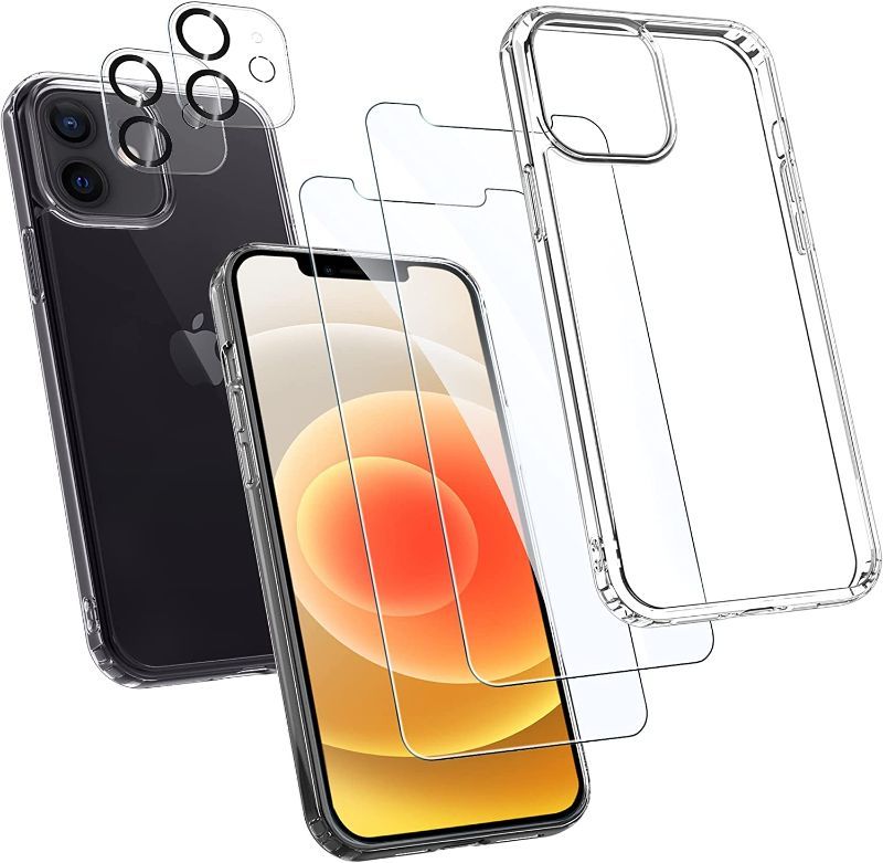 Photo 1 of Arae [5 in 1] Designed for iPhone 12 Case [Crystal Clear] 6.1 Inch, with 2 Pack Tempered Glass Screen Protector + 2 Pack Camera Lens Protector, HD Tempered Glass Anti Scratch***PACK OF 3- FACTORY SEALED