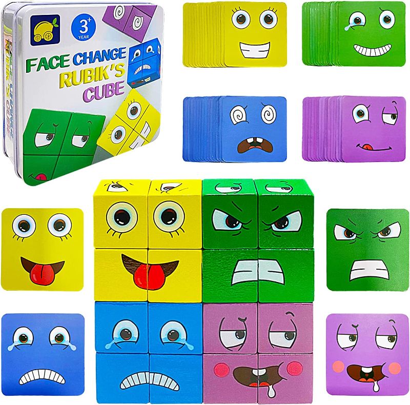 Photo 1 of Expressions Matching Block Wooden Puzzles Face-Changing Magic Cube Educational Montessori Toys Matching Block Puzzles, ?Parent-Child Board Games for Kids Ages 3 Years and Up (64 Cards)***PACK OF 2