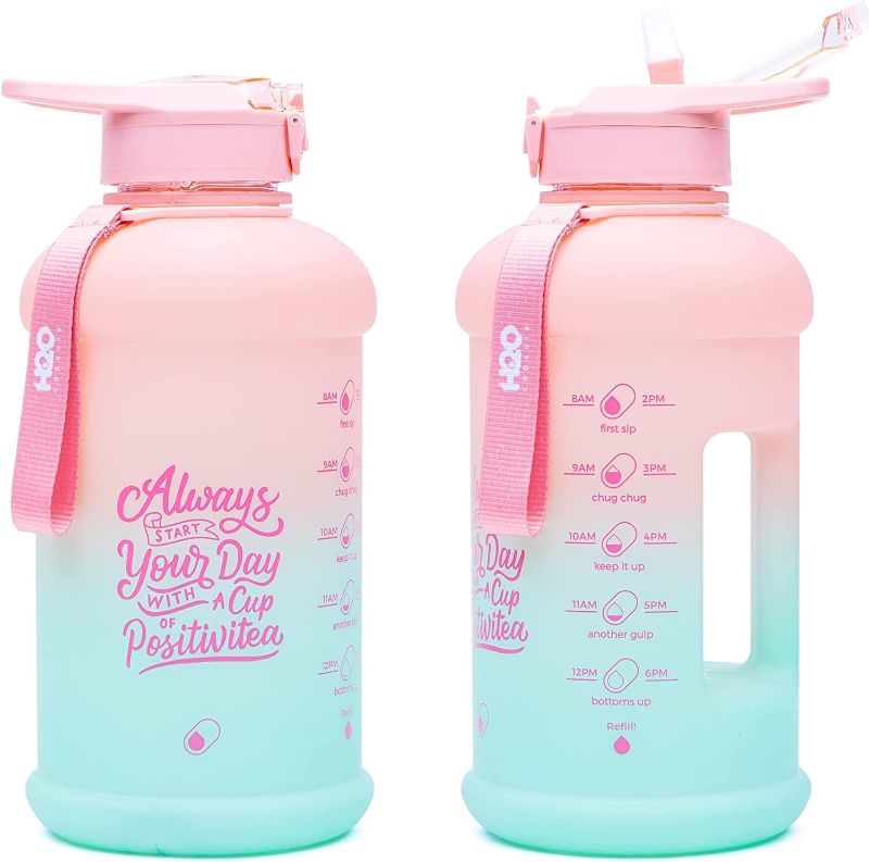 Photo 1 of  Half Gallon Water Bottle with Time Marker and Straw Motivational Hydration Tracker Jug for Daily Intake Big BPA-Free FoodSafe Leakproof Drinking Bottle Handle & Strap, Lotus Blossom