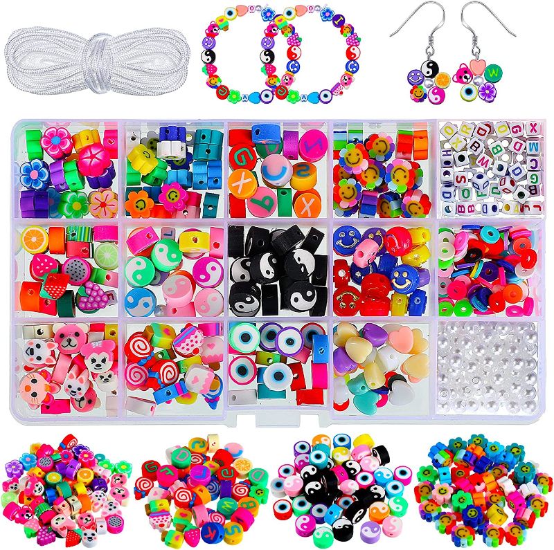 Photo 1 of 590 Pieces Fruit Flower Polymer Clay Beads 15 Styles Trendy Cute Smile Bead Charms for Women Girls DIY Handmade Jewelry Making Bracelets Earring Necklace Back to School Supplies
