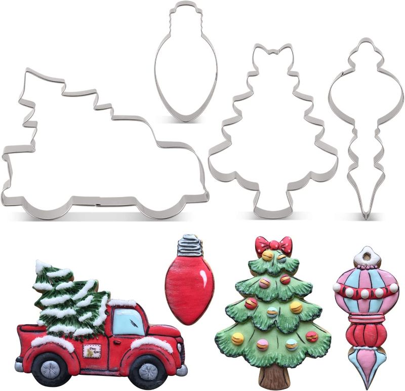 Photo 1 of  Christmas Cookie Cutter Set - 4 Piece - Pickup Truck with Christmas Tree, Christmas Tree with Bow, Light Bulb and Christmas Ornament Biscuit Fondant Cutters - Stainless Steel