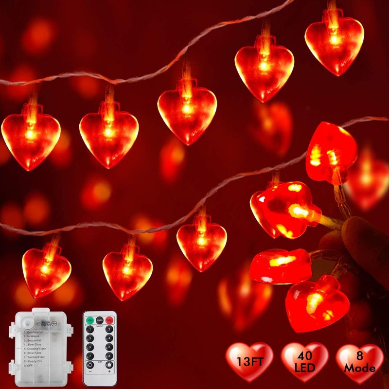 Photo 1 of 14FT 40 LED Heart Shaped Fairy Lights Battery Operated, Waterproof Outdoor String Lights with Remote & Timer, Mothers Day Gifts for Her Mom Women Wedding Indoor Bedroom Room Home Valentines Day Decor

