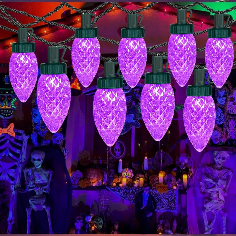 Photo 1 of  Extendable C9 Halloween Lights Outdoor, 50 LED 49ft Green Wire Outdoor String Lights with UL Adaptor, String Lights for Tree Patio Party Halloween Decoration ( Purple)