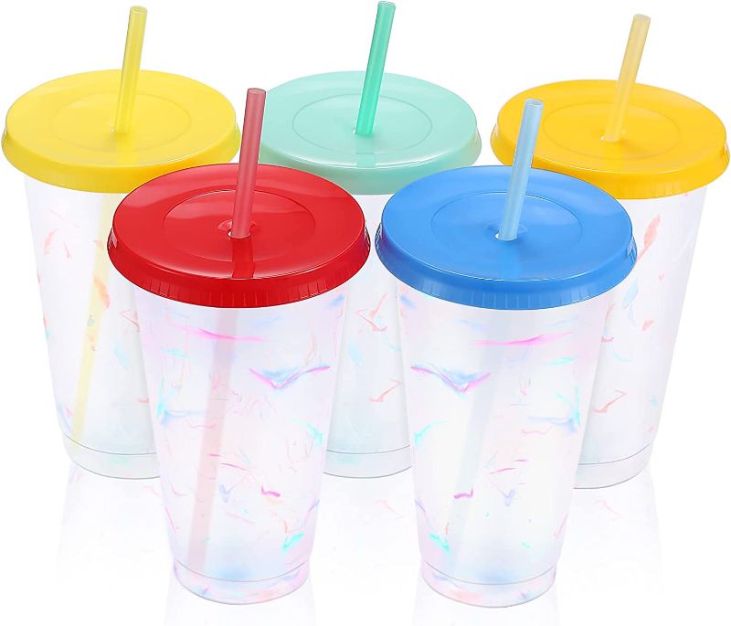 Photo 1 of 24 oz Color Changing Reusable Cup,Sursip 5 Pack With Lid/5 Color Changing Straws,Ice Water Changing Colorful Summer Coffee Tumblers Party Cup for Adults
-FACTORY SEALED BOX-