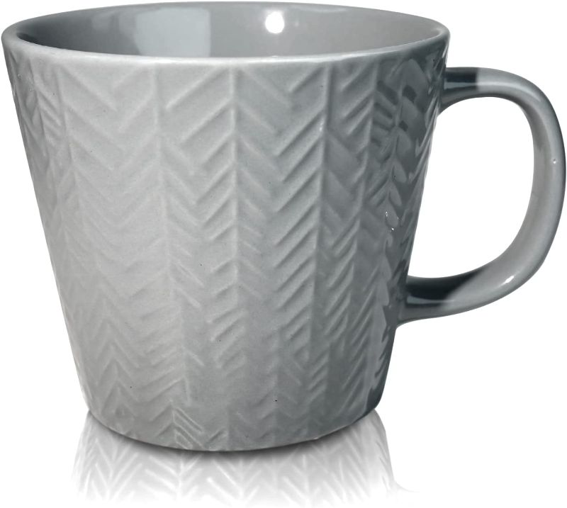 Photo 1 of  Large Stoneware Coffee Mug - 16 oz Big Size Ceramic Glossy Mug with Handle, Suitable for Americano, Latte, Tea, Dishwasher Safe, Pure Color with Embossed Leaves, M21104, Grey