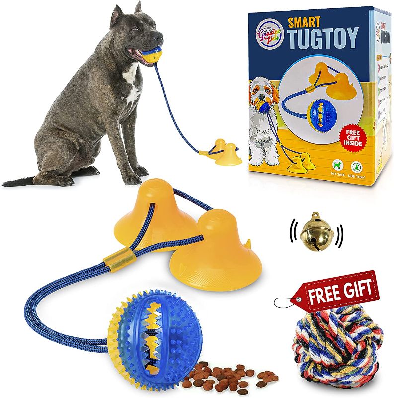 Photo 1 of  Double Suction Cup Dog Toys Molar Cleaners - Heavy Duty Suction Cup Dog Toy with Bell - Interactive Dog Toys Tug of War Rope, Slow Food Dispensing Ball