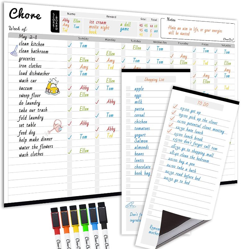 Photo 1 of Magnetic Dry Erase Chore Chart - 17"x12" Behavior Responsibility Chore Board & 5"x12" List Board 2 Pcs for Fridge - 6 Extra Fine Point Markers Included - Combo Set Shipped Flat
