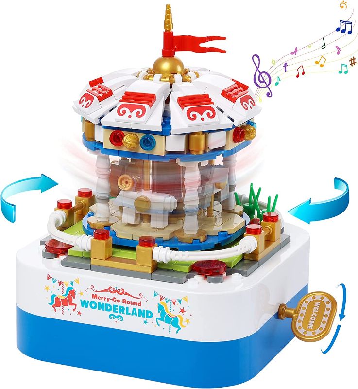 Photo 1 of Building Blocks Music Box Carousel Model Building Kit Merry-Go-Round Musical Box STEM Educational Toy and Gifts for Boys & Girls Age 8-12
