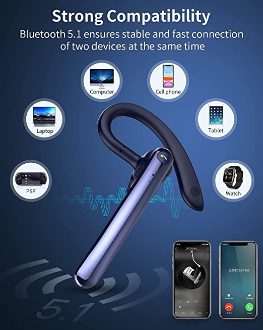 Photo 2 of Bluetooth Headset,Wireless Bluetooth Earpiece V5.0 Dual Noise Cancelling Microphones 16Hrs Talktime Handsfree Earphones with IPX5 Waterproof for iPhone Android Laptop Business Office Driving - Factory Seal